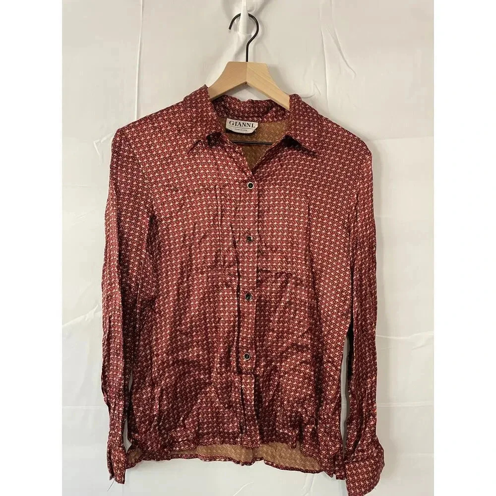 Vintage Gianni Made in USA Button Down Burgundy & Gold Geometric Pattern
